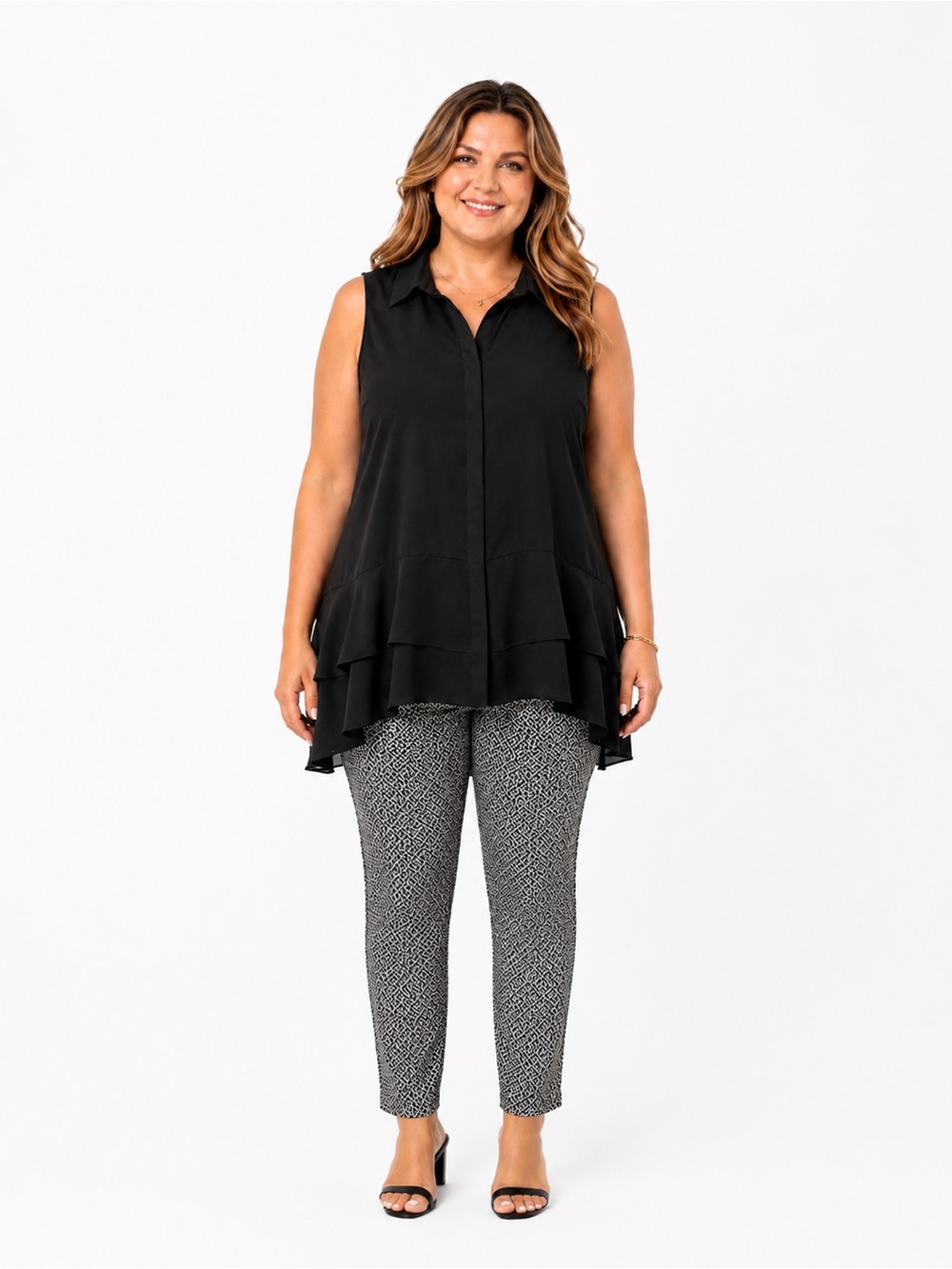 Vera Wang Black Sleeveless Tiered Collared Tunic